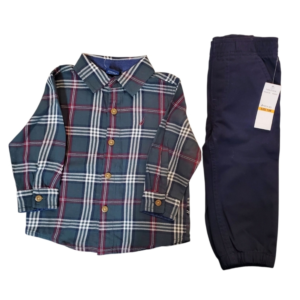 Nautica Boys 2 Piece Plaid Shirt & Pant Size 12 Months